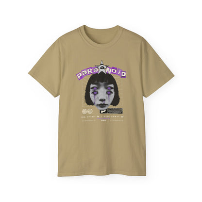 Paranoid in Vegas, Retro Cyber Goth Tee — Purple Distorted Face Graphic Shirt