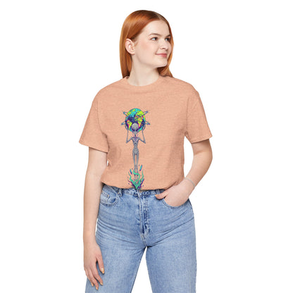 Alien Holding Earth Graphic Tee — Cosmic Sci‑Fi Alien Shirt