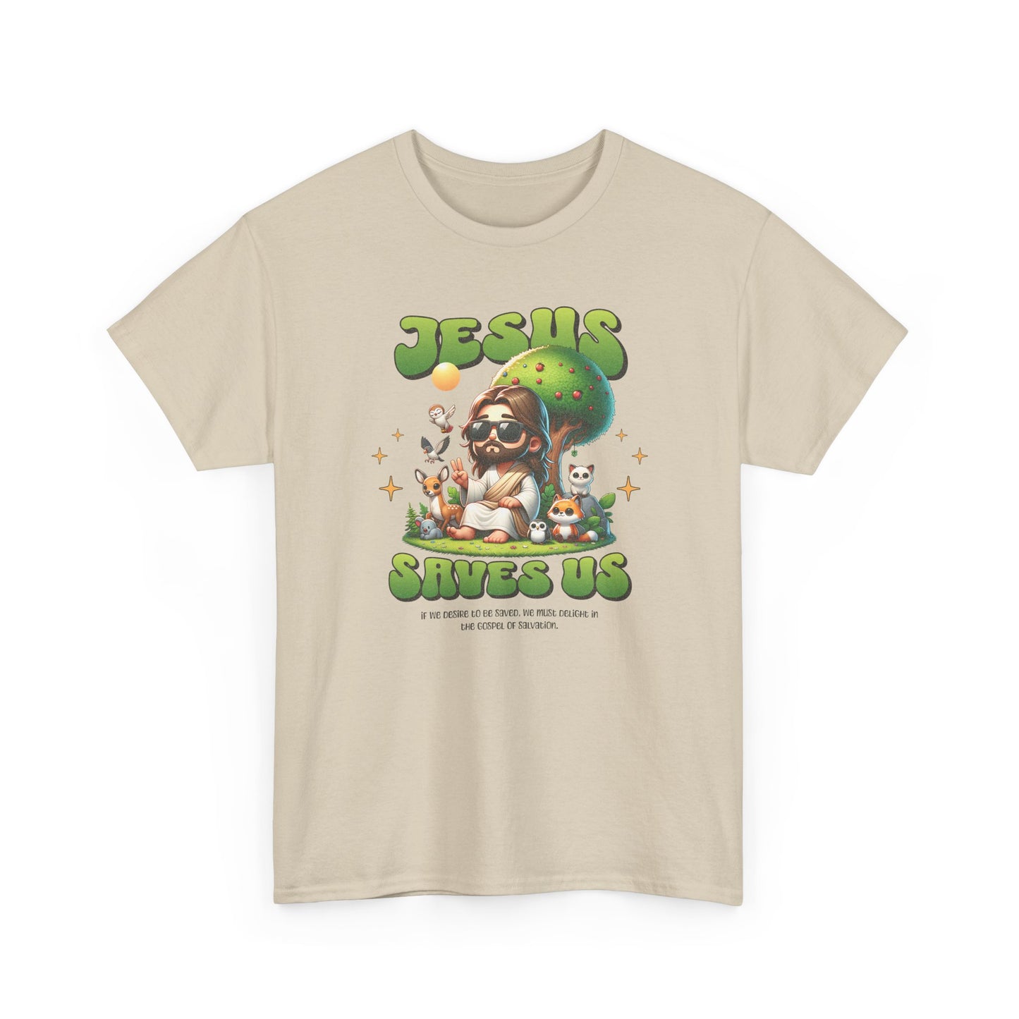 Jesus Saves Us T-Shirt — Cute Retro Jesus with Animals Christian Faith Tee