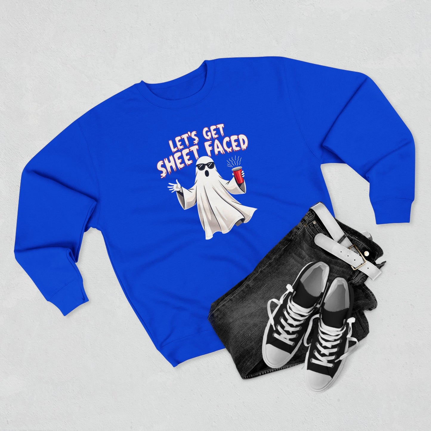 Halloween Ghost Sweatshirt — "Let's Get Sheet Faced" Funny Party Crewneck