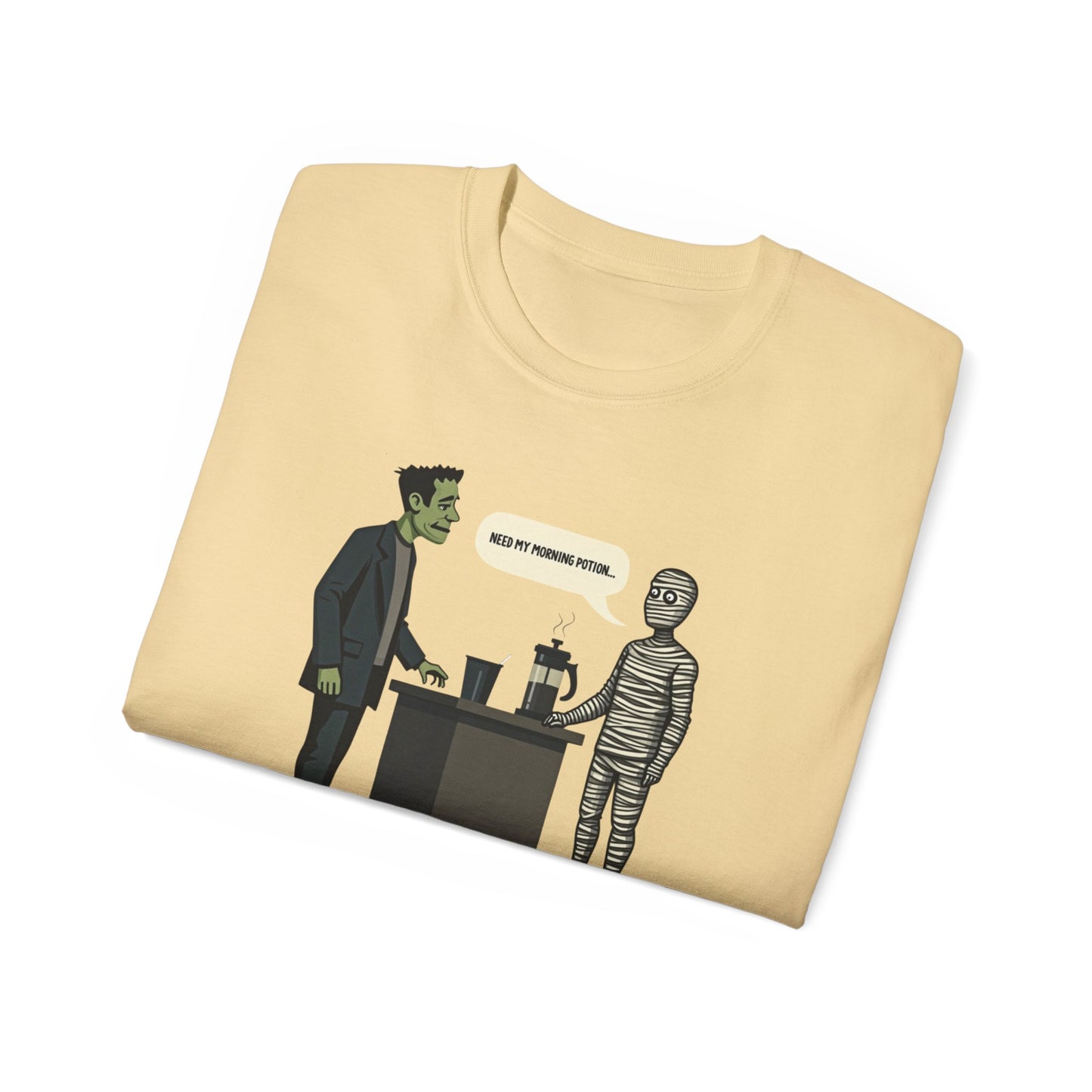 Funny Halloween Tee — Frankenstein & Mummy Coffee Joke Shirt