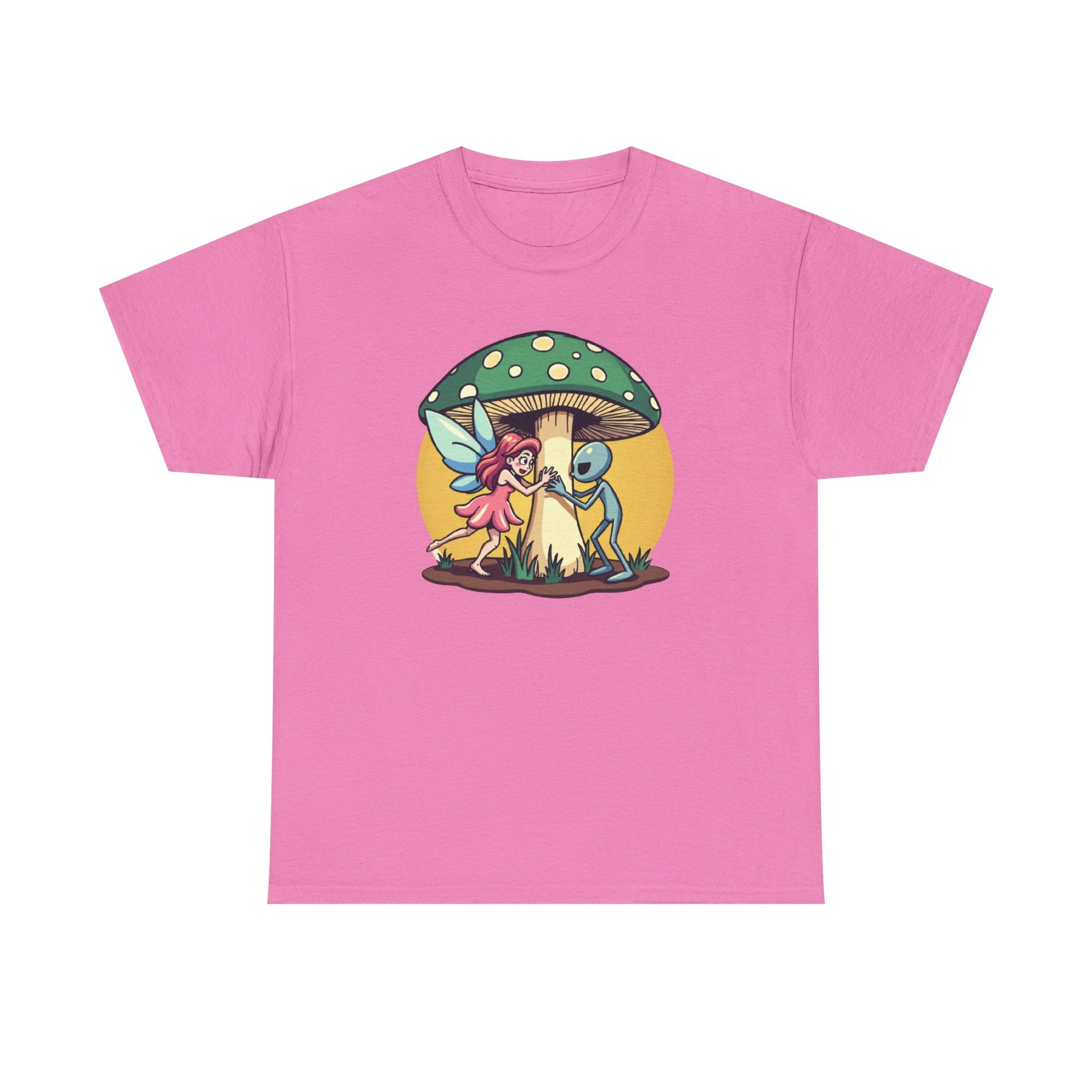 Alien chased by Fairy, Mushroom Unisex Heavy Cotton Tee - Psychonaut Swag