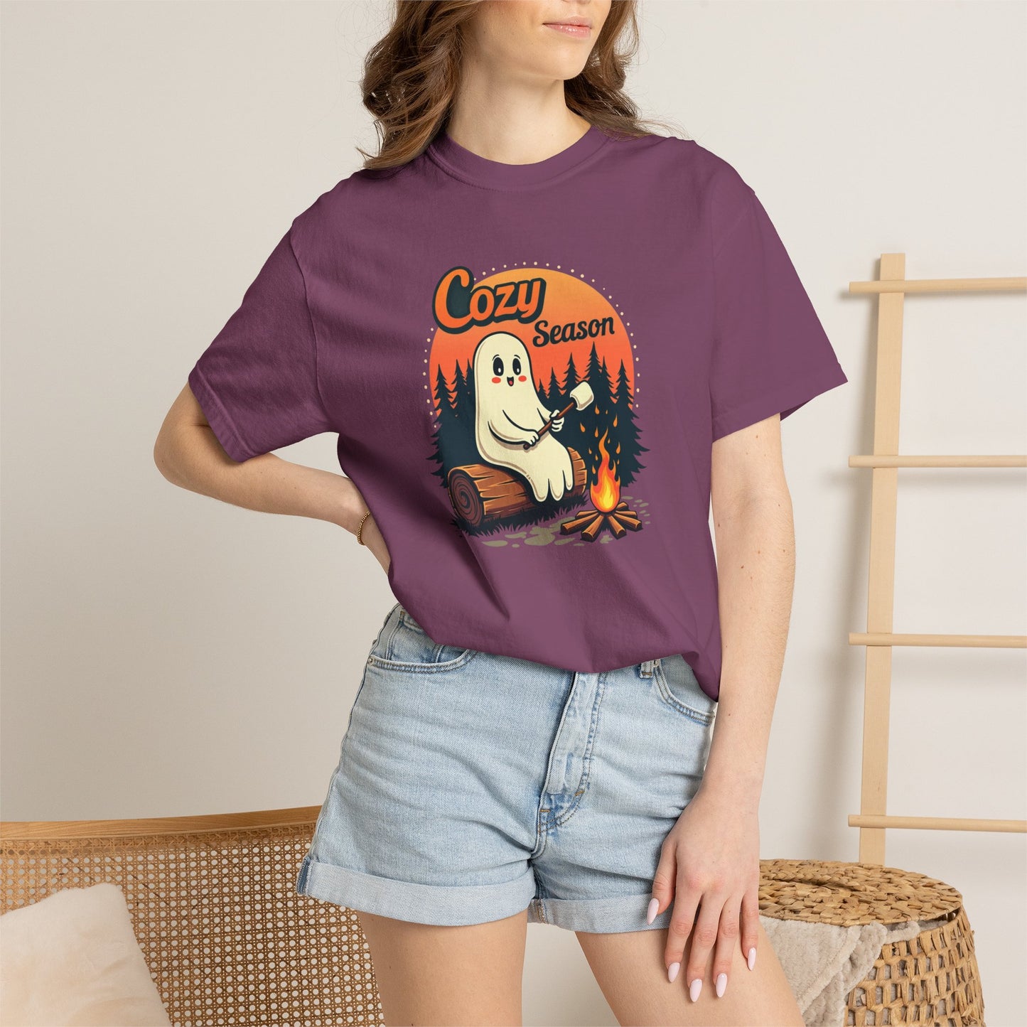 Cozy Season Ghost Tee — Campfire Autumn Graphic T-Shirt