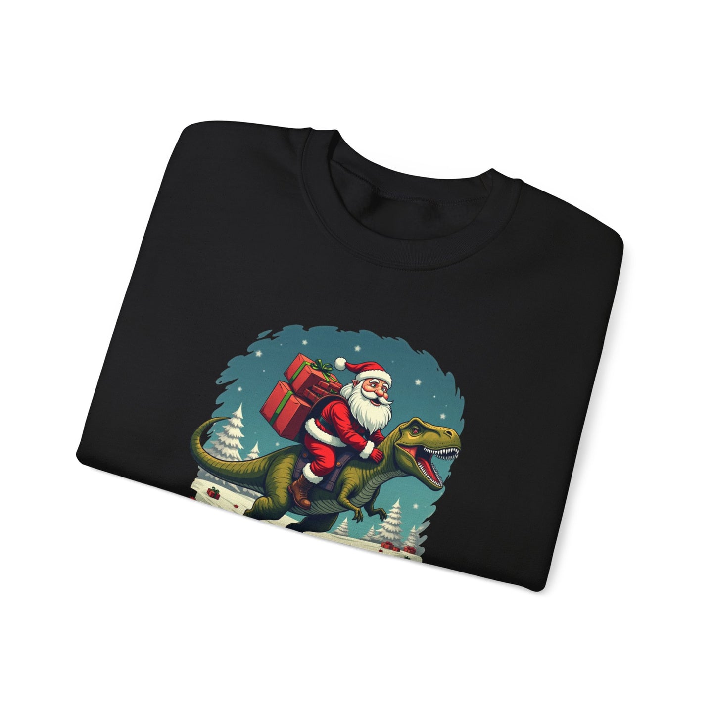 Santa Dashing through on a Dinosaur Sweatshirt — Santa Riding T-Rex Holiday Crewneck