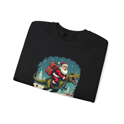 Santa Dashing through on a Dinosaur Sweatshirt — Santa Riding T-Rex Holiday Crewneck