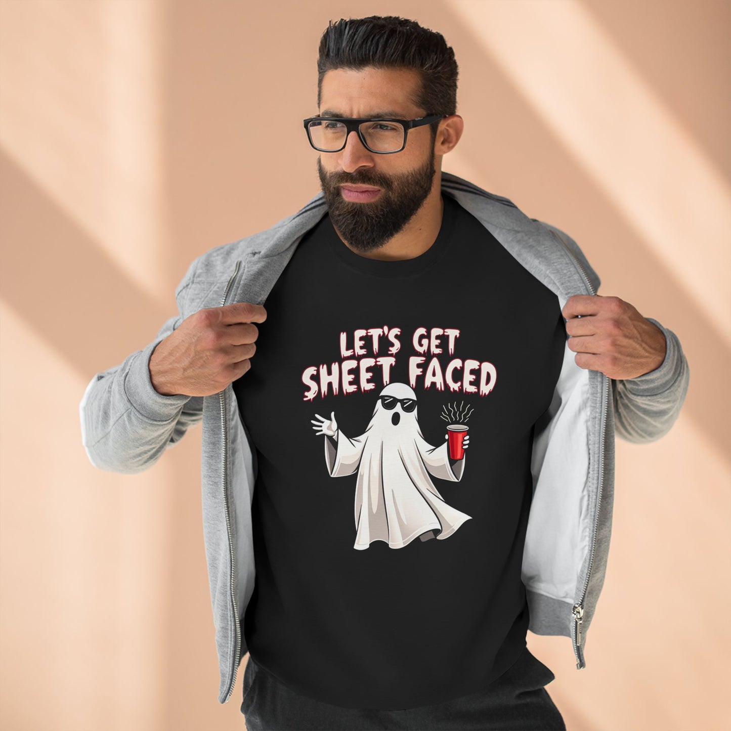 Halloween Ghost Sweatshirt — "Let's Get Sheet Faced" Funny Party Crewneck