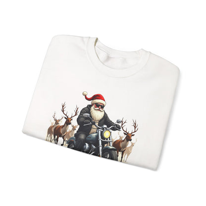 Santa on Motorcycle in Reindeer Stampede — Biker Santa Christmas Crewneck