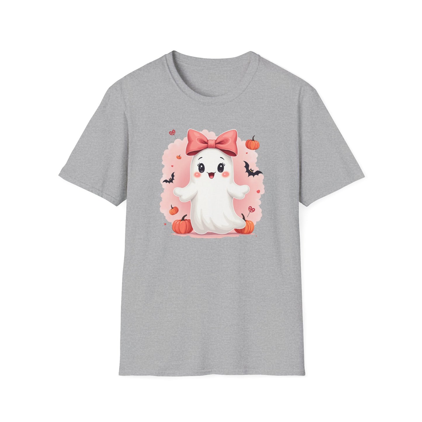 Cute Halloween Ghost T-Shirt — Pink Bow Ghost with Pumpkins & Bats
