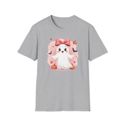 Cute Halloween Ghost T-Shirt — Pink Bow Ghost with Pumpkins & Bats