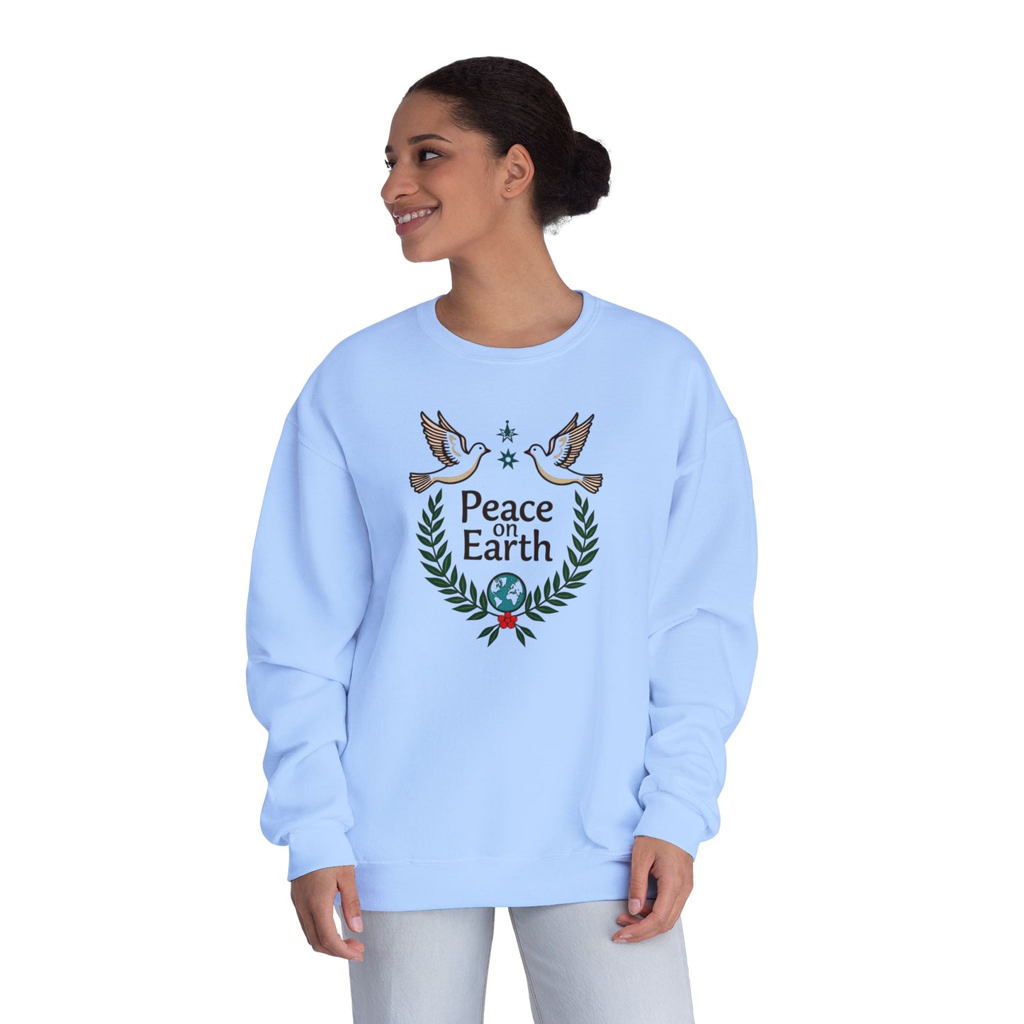 Peace on Earth Crewneck Sweatshirt — Holiday Dove & Laurel Graphic