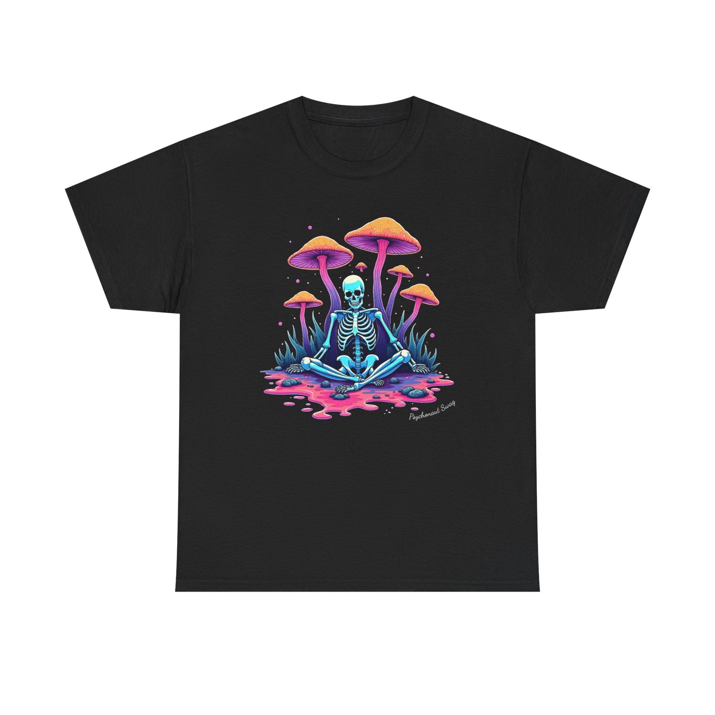 Psychedelic Mushroom Skeleton Near-Death Trip T‑Shirt — Neon Trippy Fungi Meditation Tee