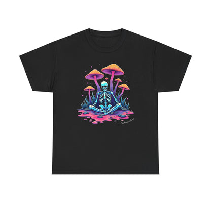 Psychedelic Mushroom Skeleton Near-Death Trip T‑Shirt — Neon Trippy Fungi Meditation Tee