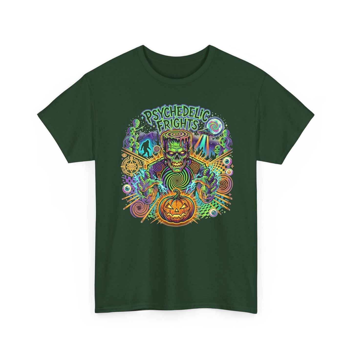 Psychedelic Monsters Halloween Tee — Spooky Pumpkin and Sasquatch Horror Graphic T-Shirt