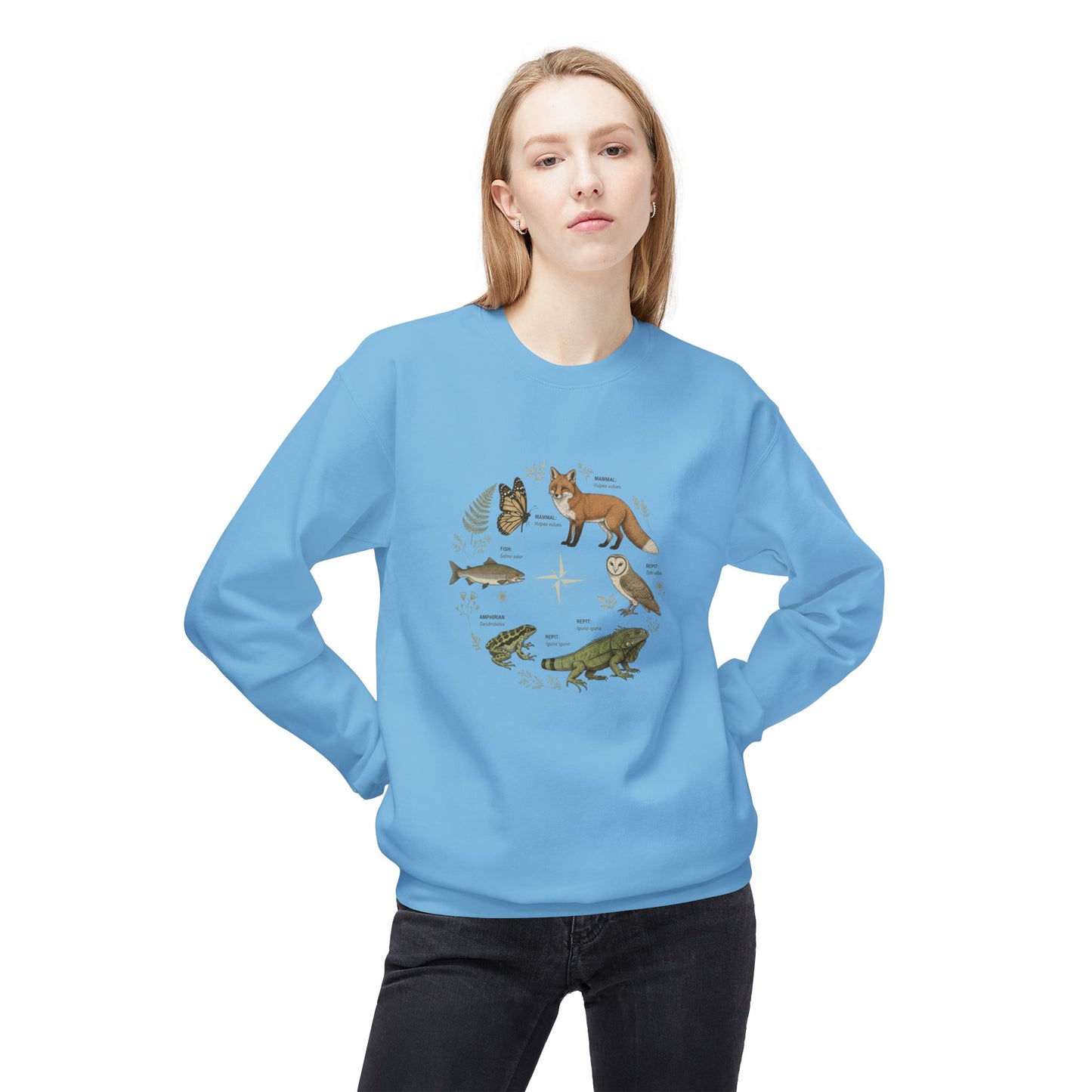 Wildlife Circle Crewneck Sweatshirt — Forest Fox, Owl & Frog Nature Illustration