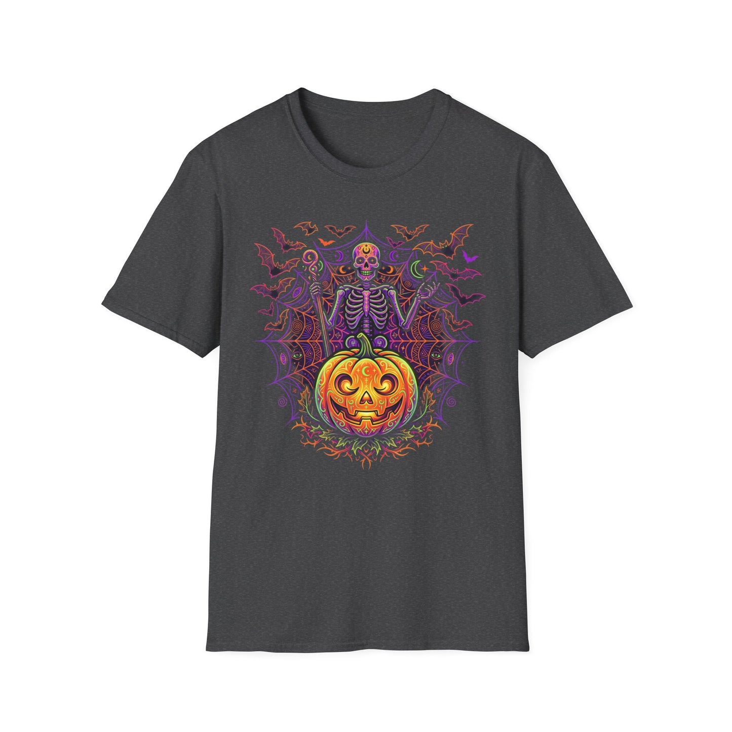 Skeleton Sorcerer Halloween T-Shirt — Jack-O'-Lantern & Bats Spooky Tee