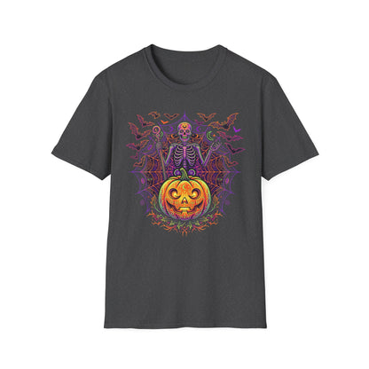 Skeleton Sorcerer Halloween T-Shirt — Jack-O'-Lantern & Bats Spooky Tee