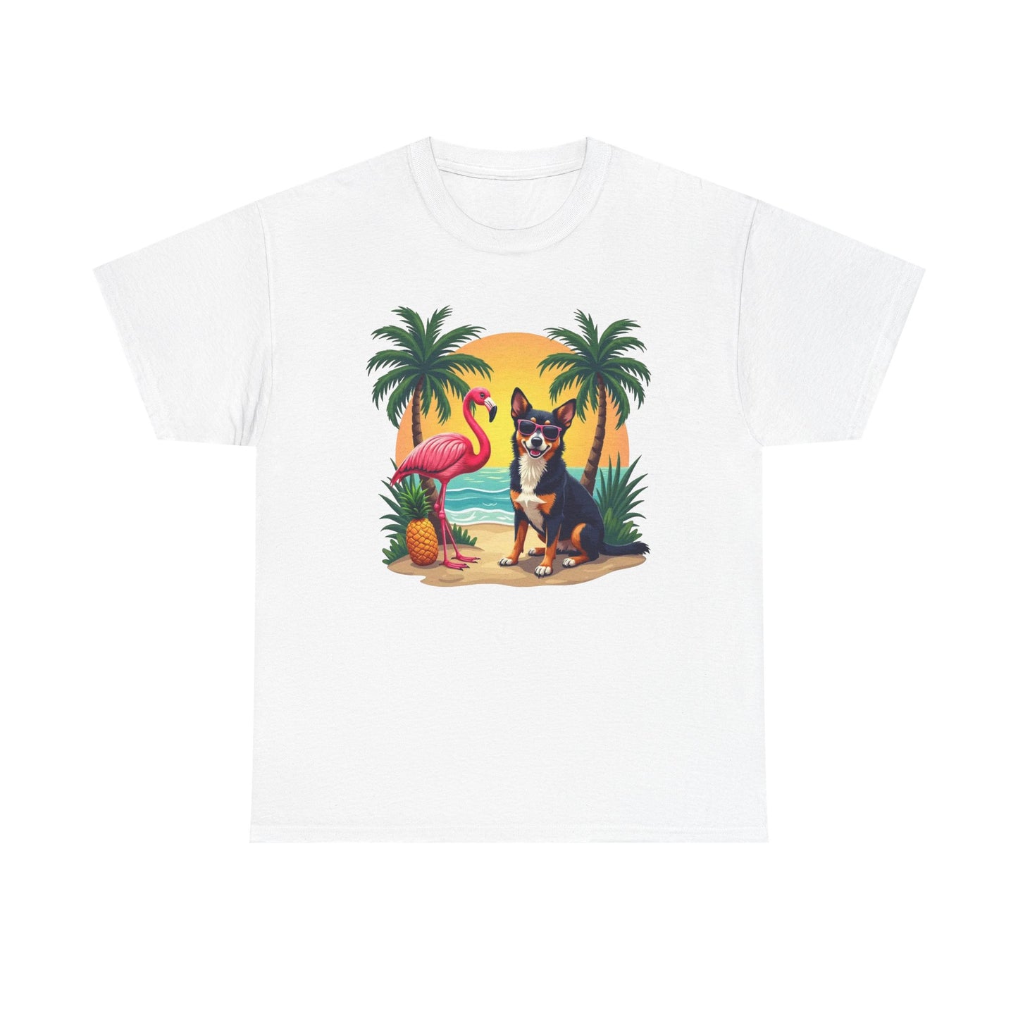 Dog Beach Sunset T-Shirt — Tropical Flamingo Palm Tee