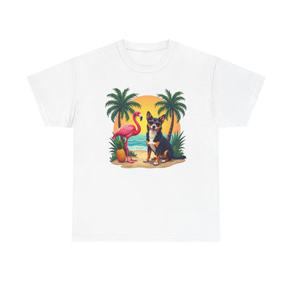 Dog Beach Sunset T-Shirt — Tropical Flamingo Palm Tee