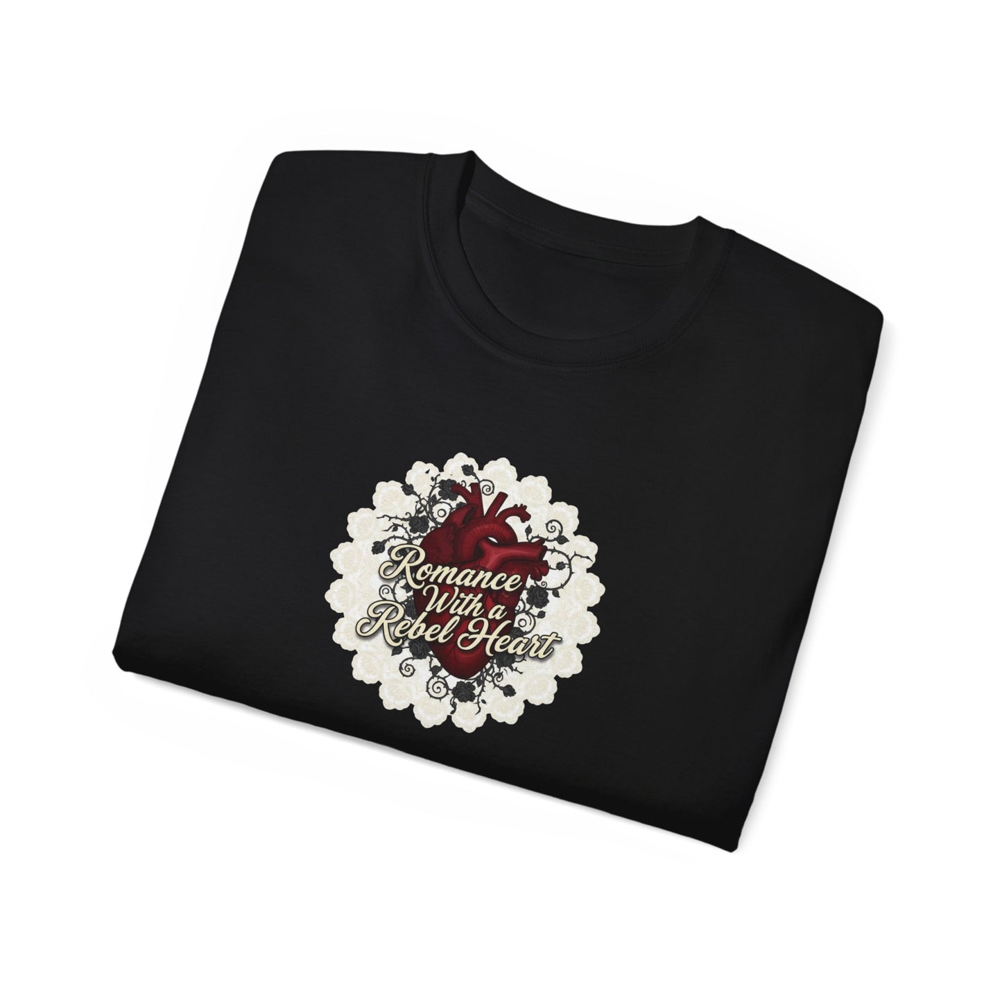 Romance with a Rebel Heart Tee — Gothic Floral Heart Graphic T-Shirt