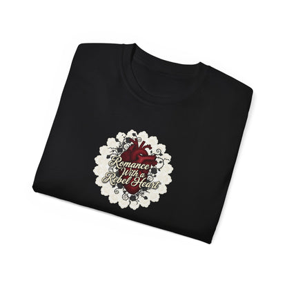 Romance with a Rebel Heart Tee — Gothic Floral Heart Graphic T-Shirt