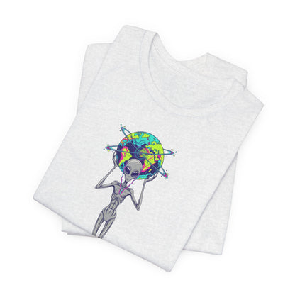 Alien Holding Earth Graphic Tee — Cosmic Sci‑Fi Alien Shirt