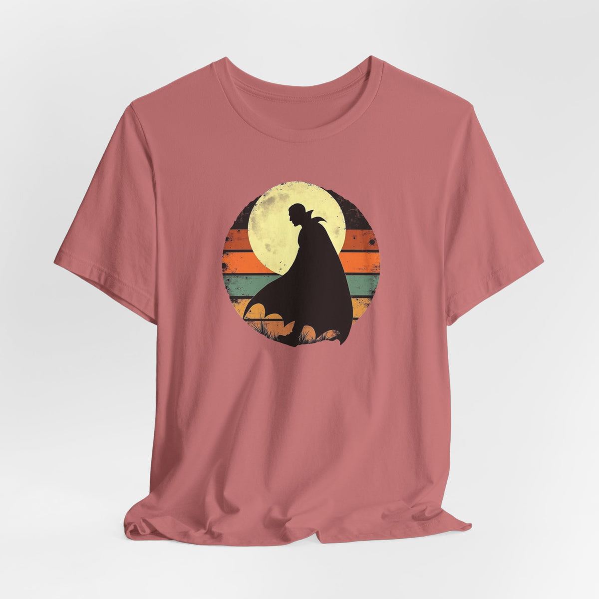 Vampire Silhouette Moon Tee — Retro Sunset Gothic Halloween T-Shirt