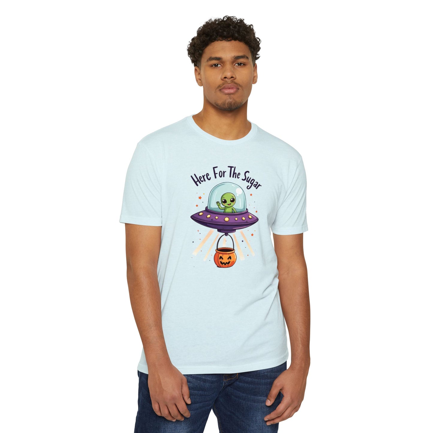 Halloween Alien T-Shirt — "Here For The Sugar" Cute UFO Trick-or-Treat Tee
