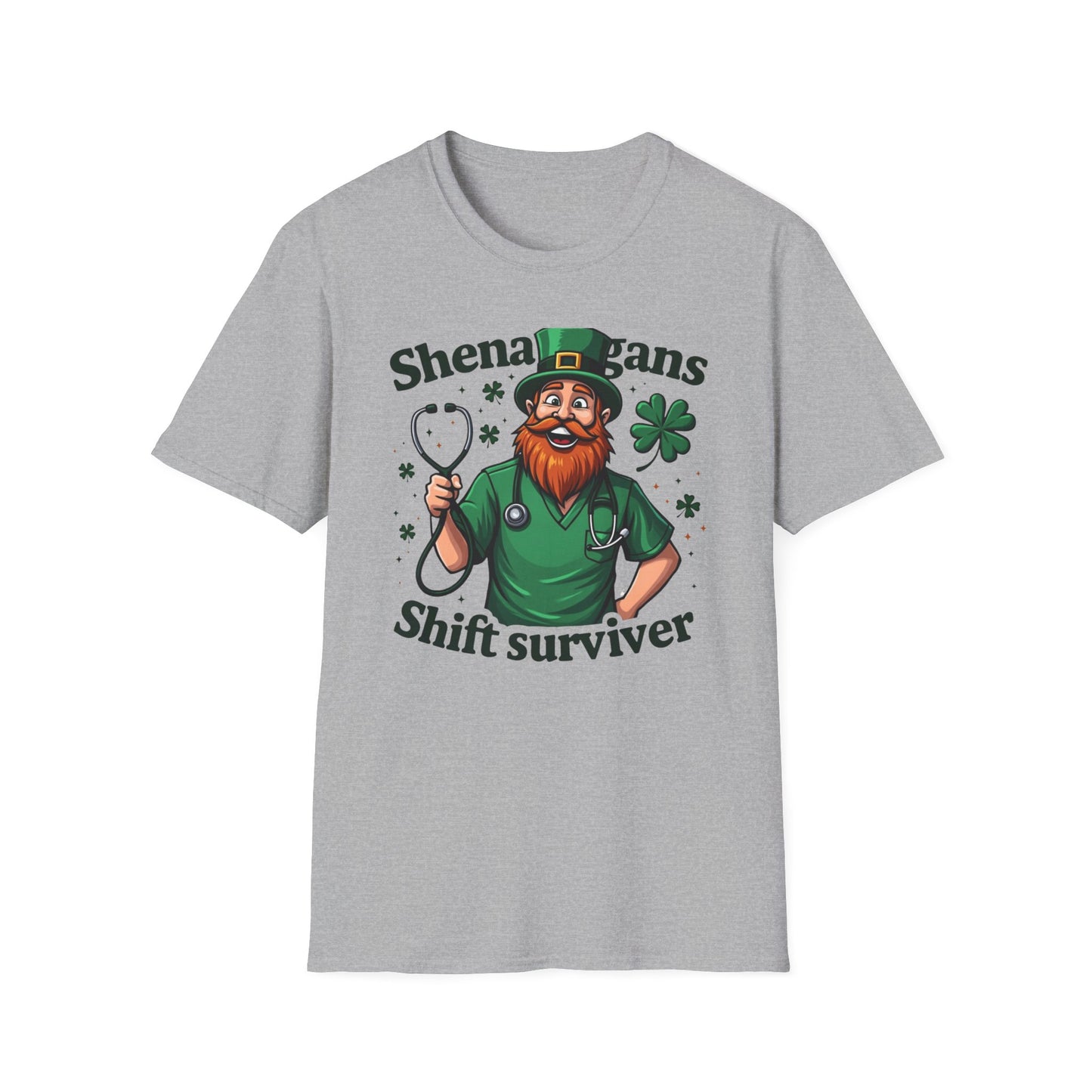 St. Patrick's Day T-Shirt — "Shenanigans Shift Survivor" Leprechaun Work Tee