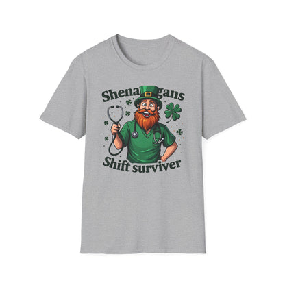 St. Patrick's Day T-Shirt — "Shenanigans Shift Survivor" Leprechaun Work Tee