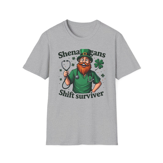 St. Patrick's Day T-Shirt — "Shenanigans Shift Survivor" Leprechaun Work Tee