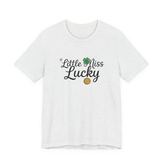 Little Miss Lucky T-Shirt — St. Patrick’s Day Girls’ Tee with Shamrock & Gold Coin