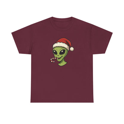 Alien Santa T-Shirt — Cute Green Alien with Santa Hat & Candy Cane Holiday Tee