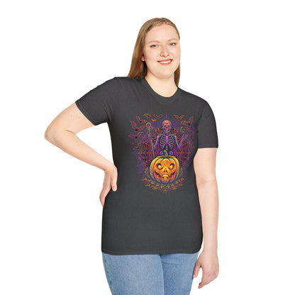 Skeleton Sorcerer Halloween T-Shirt — Jack-O'-Lantern & Bats Spooky Tee