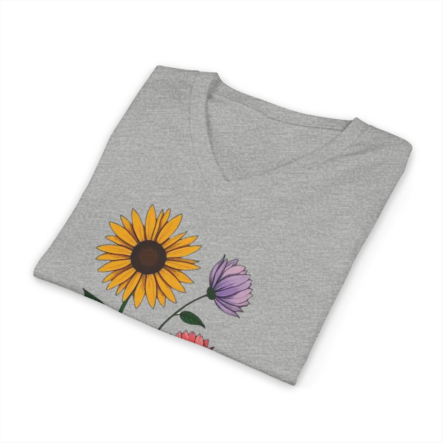 Floral Trio V-Neck Tee — Sunflower & Wildflower Botanical Graphic Shirt
