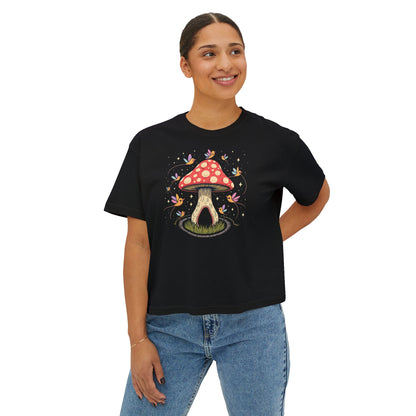 Mushroom Fairy House Boxy Tee — Whimsical Nature Graphic Shirt for Women