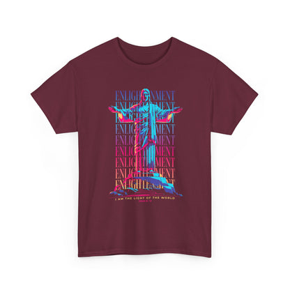 Enlightenment Tee — Neon Statue Graphic T-Shirt ("Entertainment" Text Design)