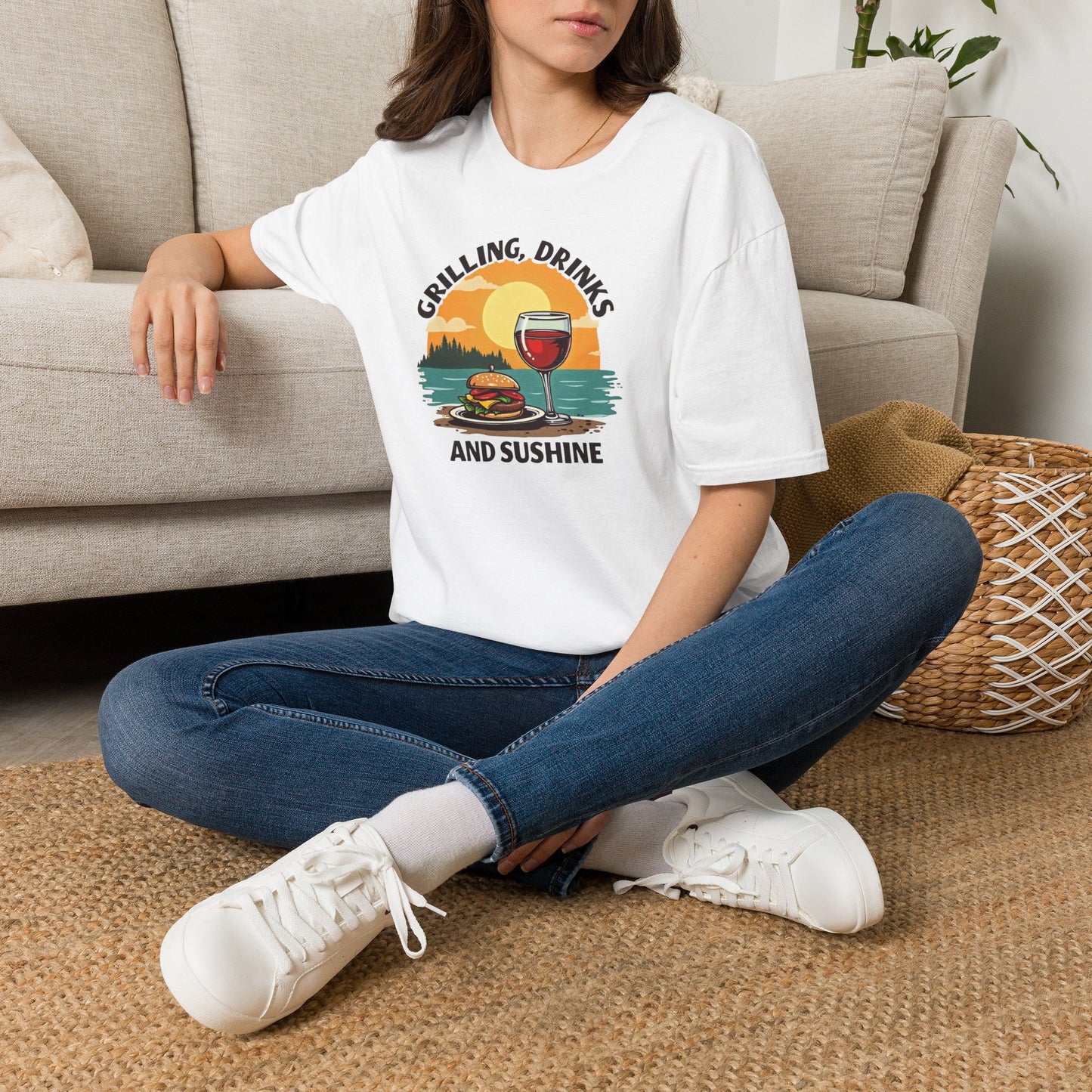 T-Shirt — Grilling, Drinks and Sunshine Retro Sunset BBQ Wine Tee
