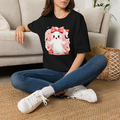 Cute Halloween Ghost T-Shirt — Pink Bow Ghost with Pumpkins & Bats