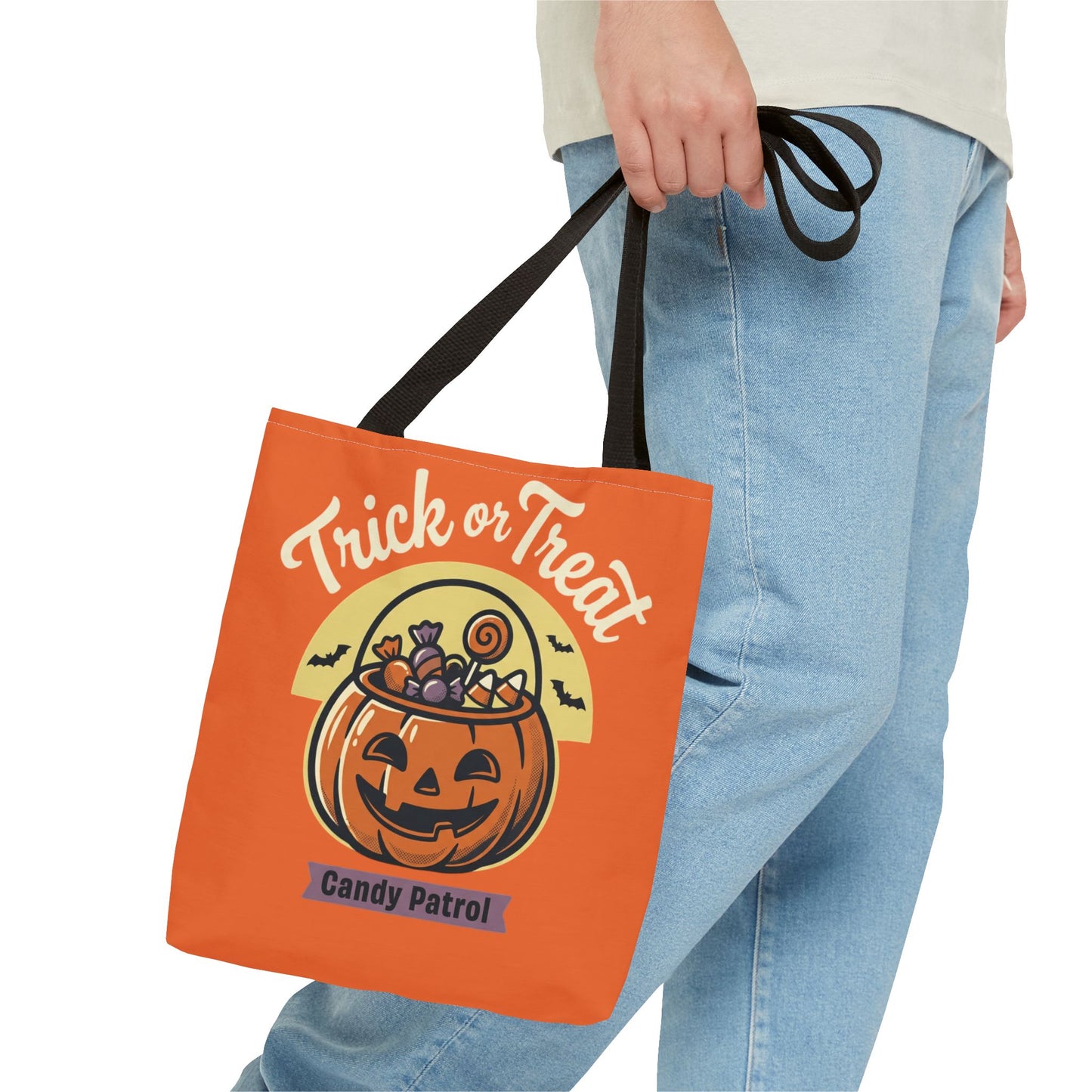 Halloween Trick or Treat Tote Bag — "Candy Patrol" Pumpkin Candy Bucket Design