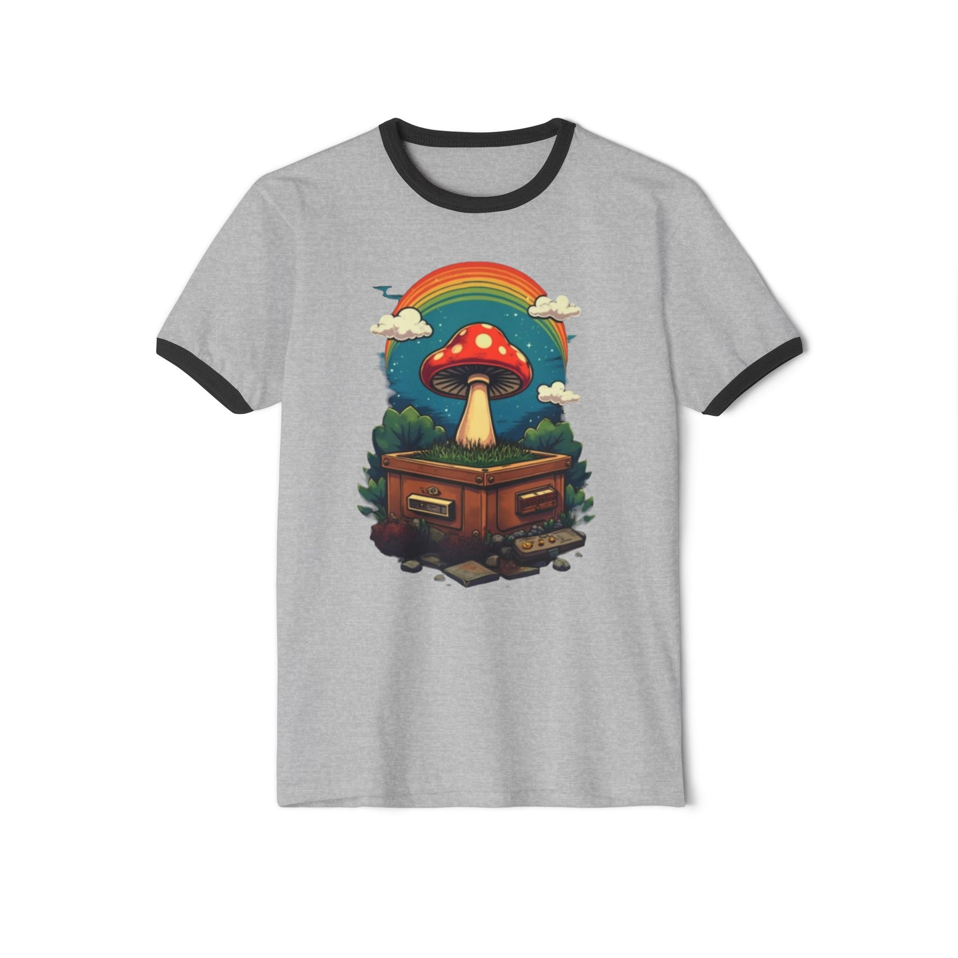 Rainbow Mushroom Unisex Cotton Ringer T-Shirt | Psychedelic Tee, Retro Fashion, Gift for Nature Lovers, Summer Wear, Festival Shirt - Psychonaut Swag