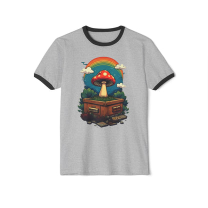 Rainbow Mushroom Unisex Cotton Ringer T-Shirt | Psychedelic Tee, Retro Fashion, Gift for Nature Lovers, Summer Wear, Festival Shirt - Psychonaut Swag