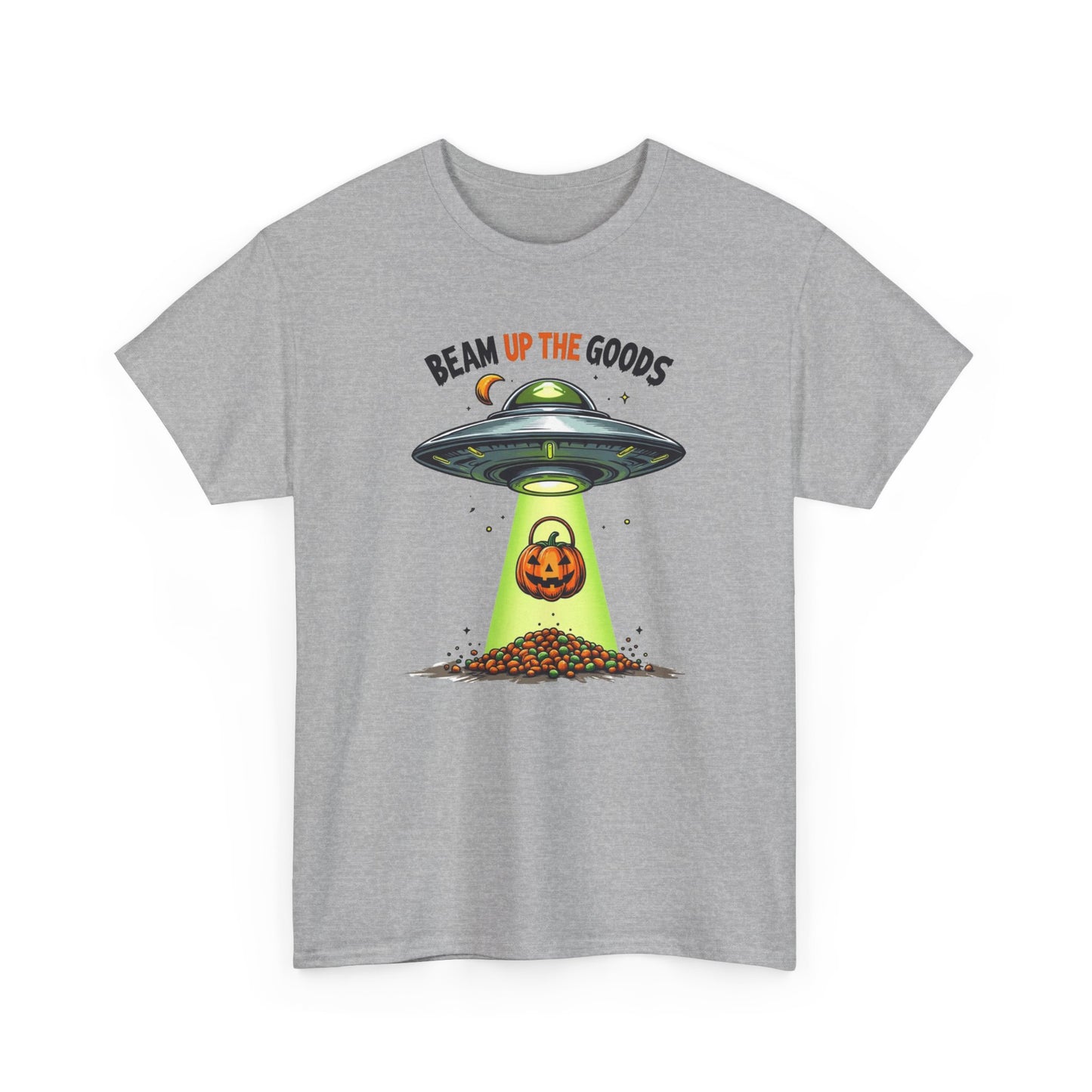 Halloween UFO T-Shirt — "Beam Up The Goods" Pumpkin Candy Abduction Tee