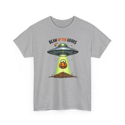 Halloween UFO T-Shirt — "Beam Up The Goods" Pumpkin Candy Abduction Tee