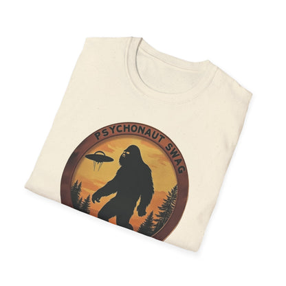 Bigfoot and UFO, Unisex Softstyle T-Shirt, Trendy Graphic Tee, Funny Bigfoot Shirt, Adventure Apparel, Gift for Nature Lovers