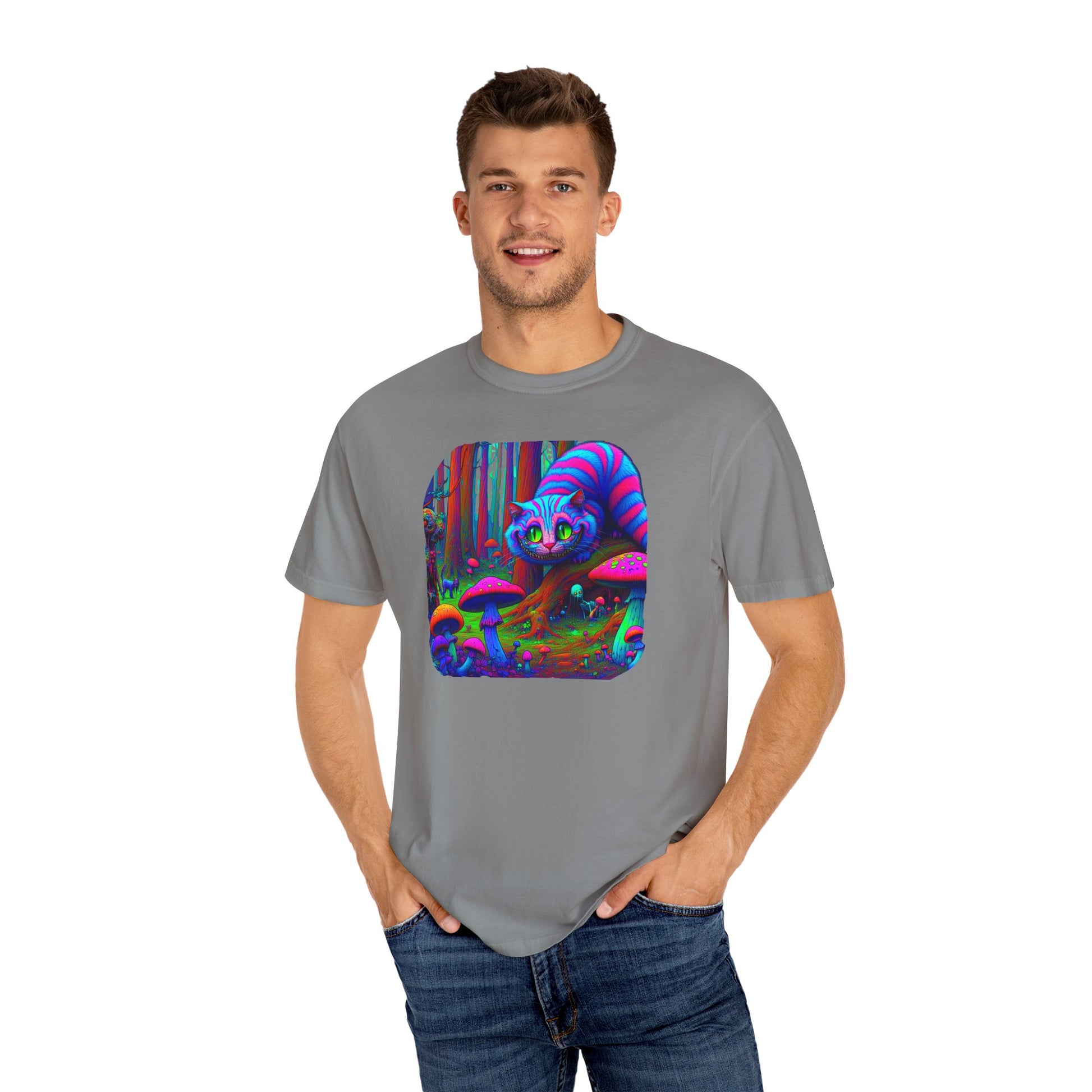Curious Cat with mushrooms, Unisex Garment-Dyed T-shirt - Psychonaut Swag