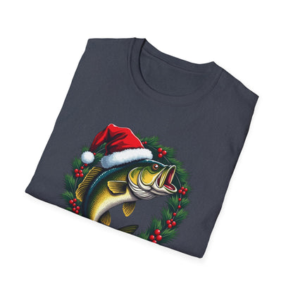 Christmas Wreath Bass Fishing T-Shirt — Santa Hat Fish Holiday Tee