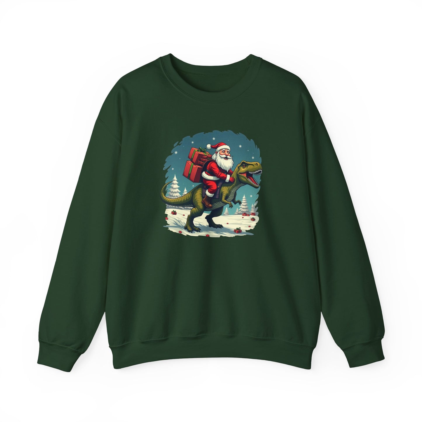 Santa Dashing through on a Dinosaur Sweatshirt — Santa Riding T-Rex Holiday Crewneck