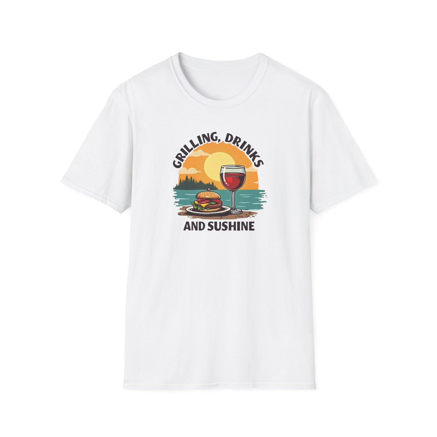 T-Shirt — Grilling, Drinks and Sunshine Retro Sunset BBQ Wine Tee