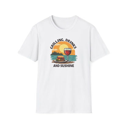 T-Shirt — Grilling, Drinks and Sunshine Retro Sunset BBQ Wine Tee