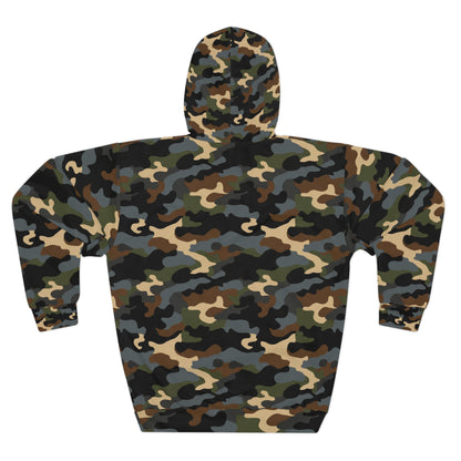 On the Hunt, Camo All-Over Print Hoodie — Classic Woodland Camouflage Pullover